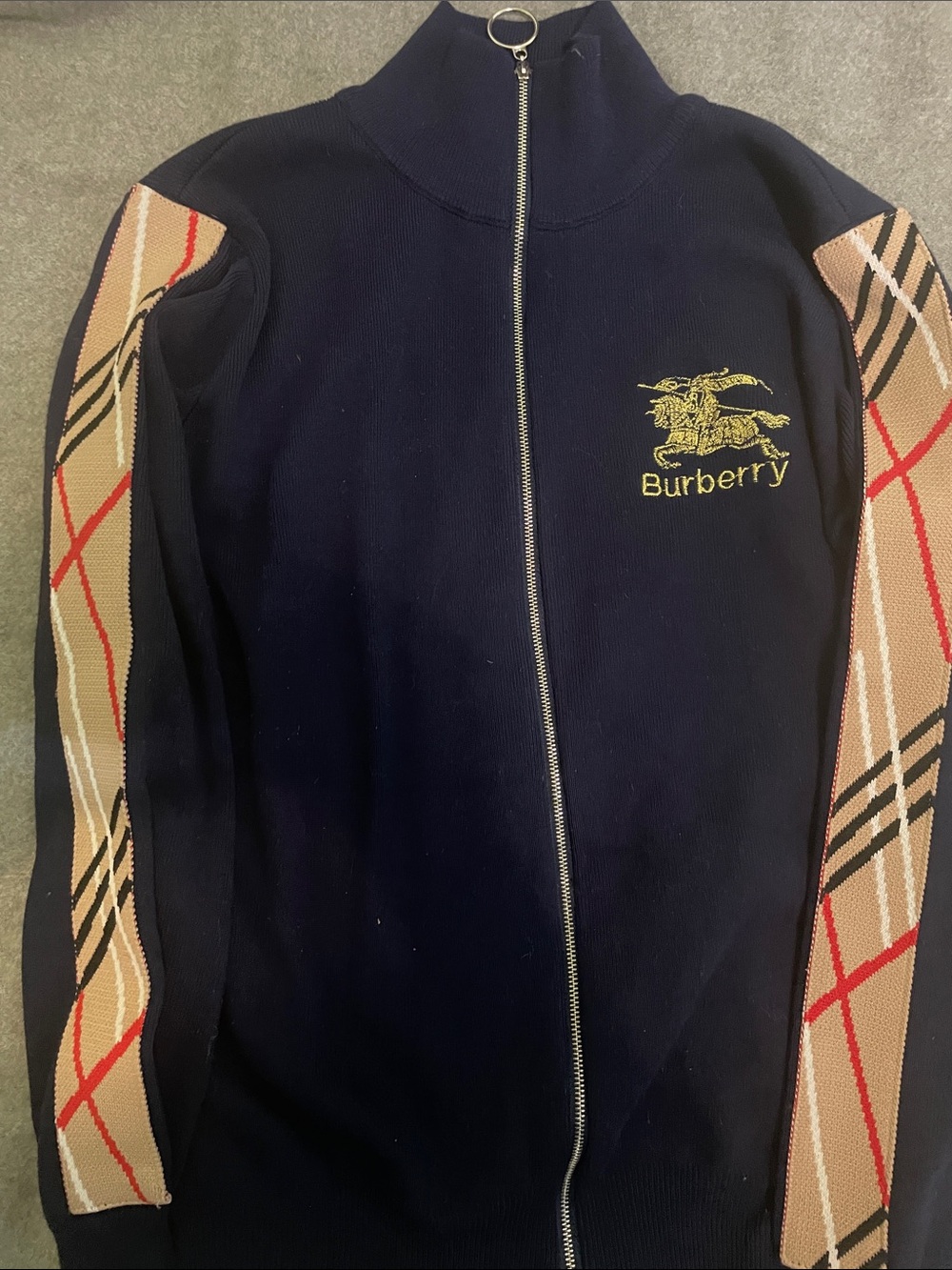 Burberry Navy Zip Jacket with Beige Red Check Sleeves